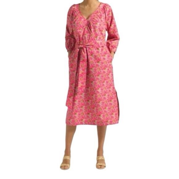 J Crew Collection NEW Tie-Waist Cotton Poplin Dress in Ratti® Pink Blooms Print - Picture 2 of 14